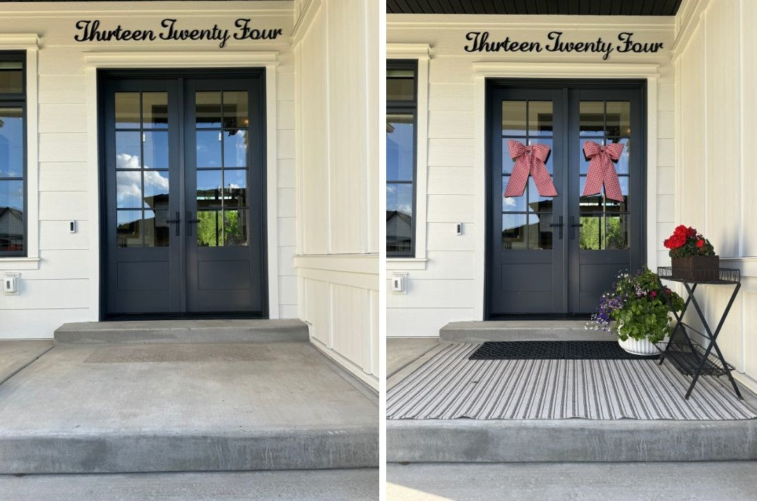Two side by side photos: a set of double doors with no decor and a set of double doors with door bows and plants