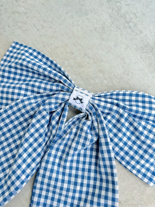 Blue gingham bow on cement