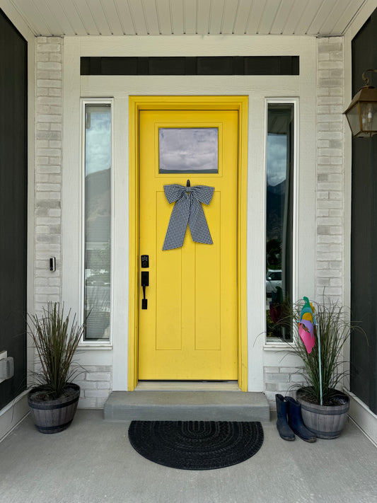 Large Gingham Bow hung on door for wreath. Door bow perfect for refreshing your porch and refreshing your door.