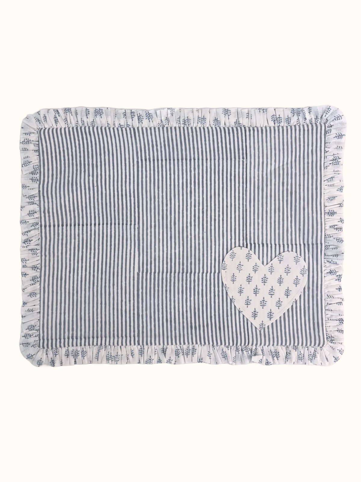 Ruffled Blue Stripes with Floral Heart Placemats - Set of 4