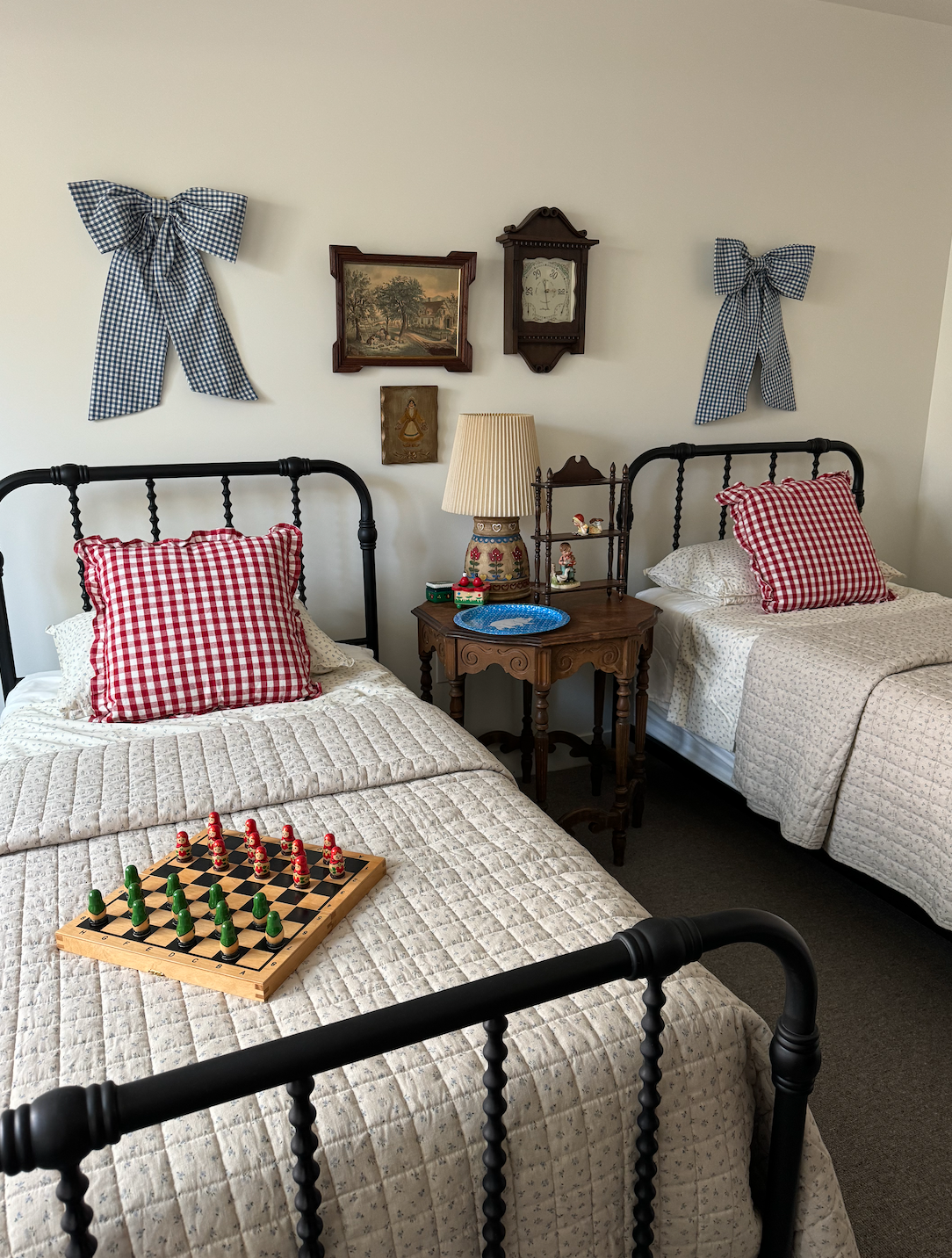 Black Gingham Bows above twin beds
