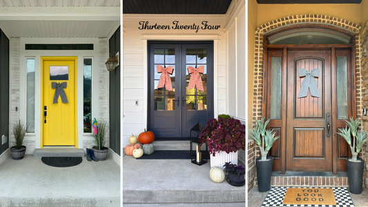 Three photos of different doors with gingham bows on them