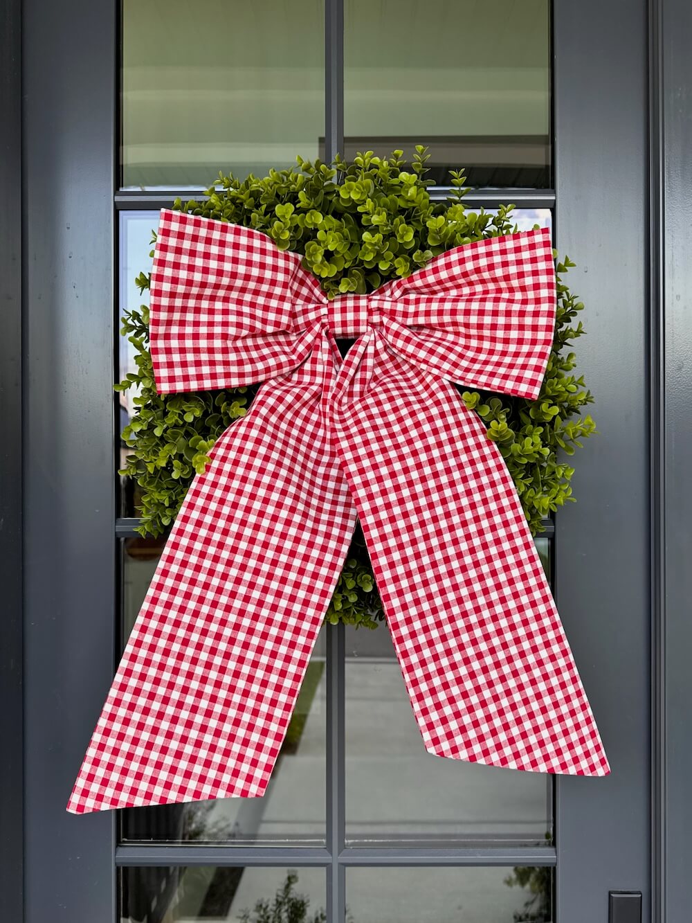 Red Gingham Bow with Year-Round Boxwood Wreath