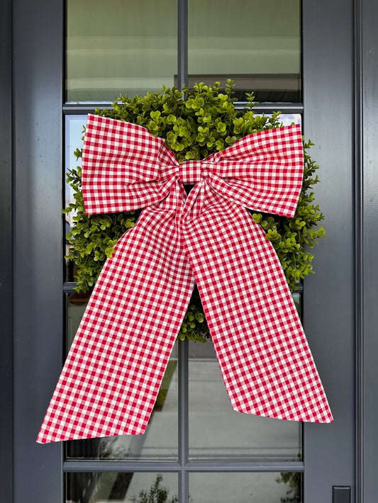 Red Gingham Bow with Year-Round Boxwood Wreath