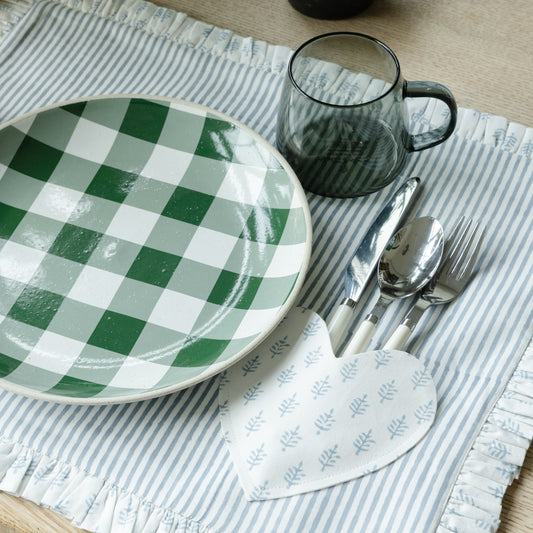 Ruffled Blue Stripes with Floral Heart Placemats - Set of 4