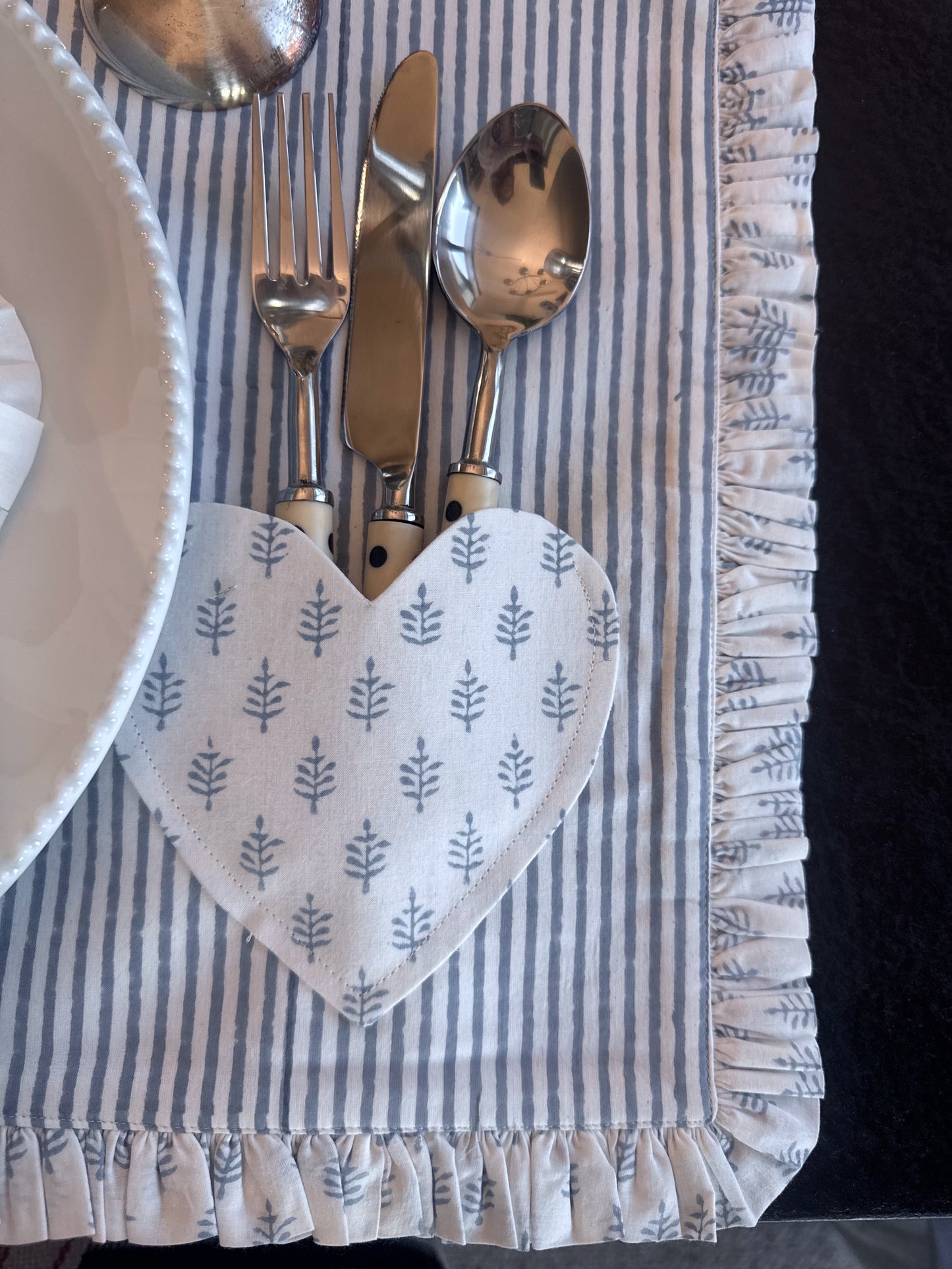 Ruffled Grey Stripes with Floral Heart Placemats - Set of 4