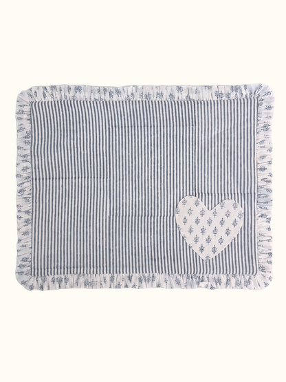 Ruffled Grey Stripes with Floral Heart Placemats - Set of 4